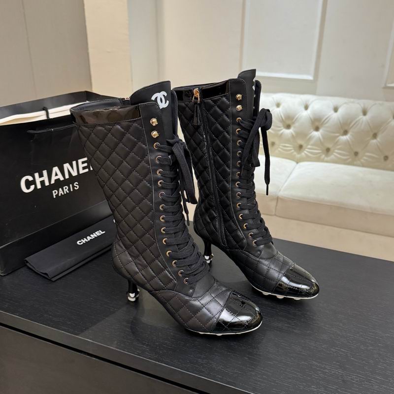 Chanel Black Quilted Lace-Up Heeled Boots