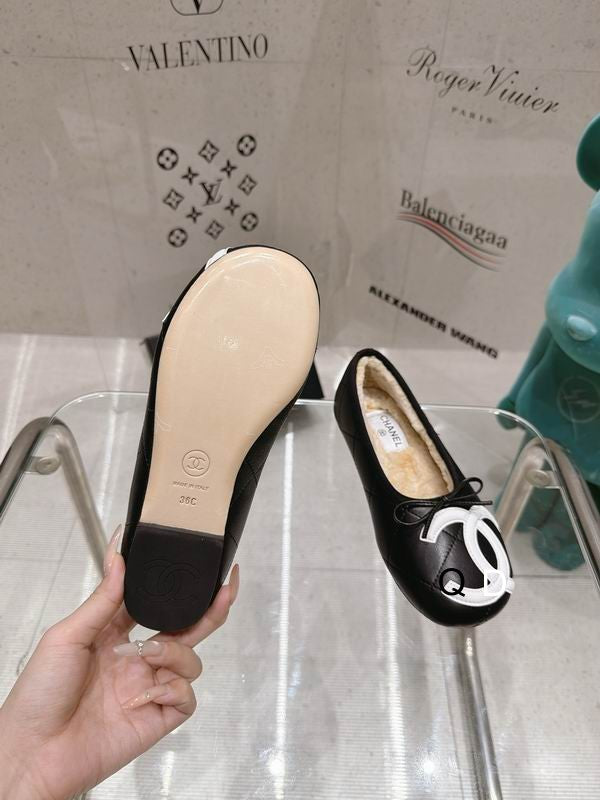 Chanel Black White Quilted Ballet Flats with Black CC Detail