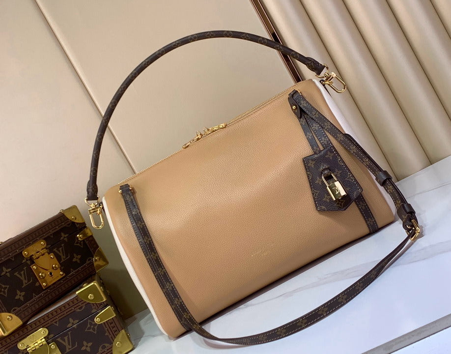 Structured Tote Handbag in Beige with Monogram Trim