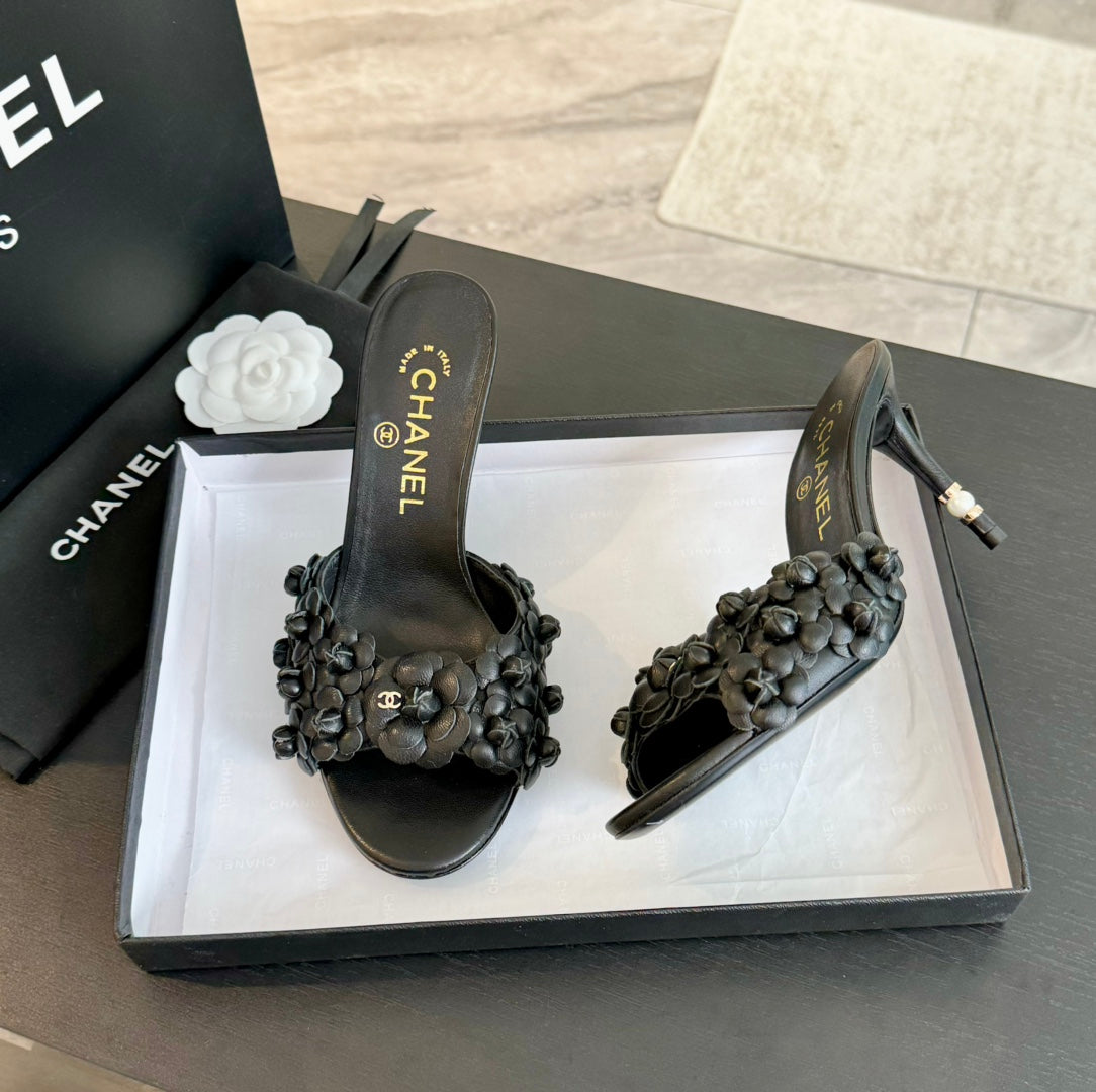 CHANEL Little Camellia World Thin High Heels Black Lambskin