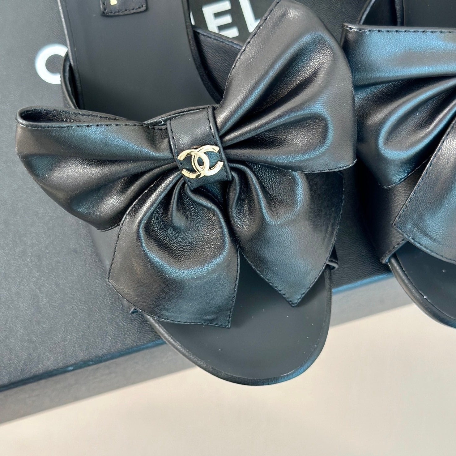 CHANEL Double  Big Bow High Heels Sheepskin Black